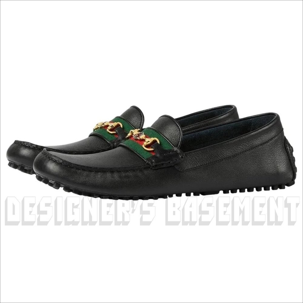GUCCI mens 12.5 black AYRTON leather Horsebit DOUBLE G WEB Driver Moccasin shoes - Picture 1 of 12